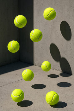 Tennis balls floating in a concrete setting