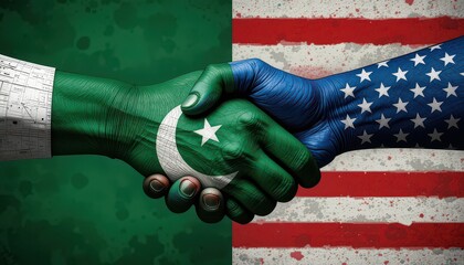 A handshake between pakistan and the united states painted with their respective national flags