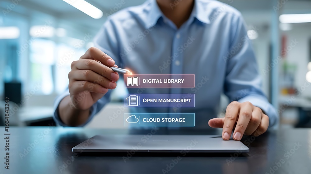 Poster man using laptop with digital interface cloud storage document management