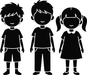 Silhouette of happy children standing, cartoon kids illustration, boy and girl vector, childhood graphic, black simple flat design