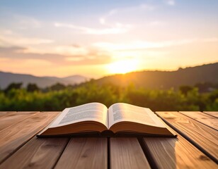 Sunset Serenity: Open Book on Wooden Table