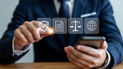 Person interacting with digital icons representing legal and global concepts
