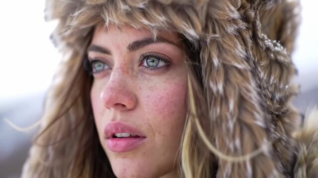 Beautiful Freckled Woman in a Fur Hat in Winter