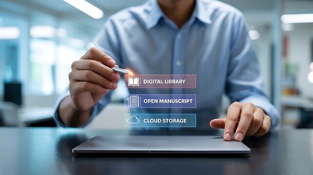 Man using laptop with digital interface cloud storage document management