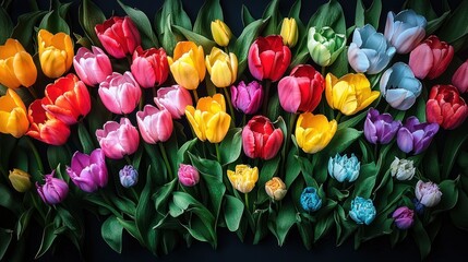 Vibrant tulip bouquet in rainbow colors.  A stunning display of tulips in a spectrum of colors, arranged artfully on a dark background. 