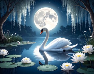 Serene Moonlit Lake with Graceful Swan
