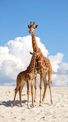Giraffes on a sandy plain under a bright sky
