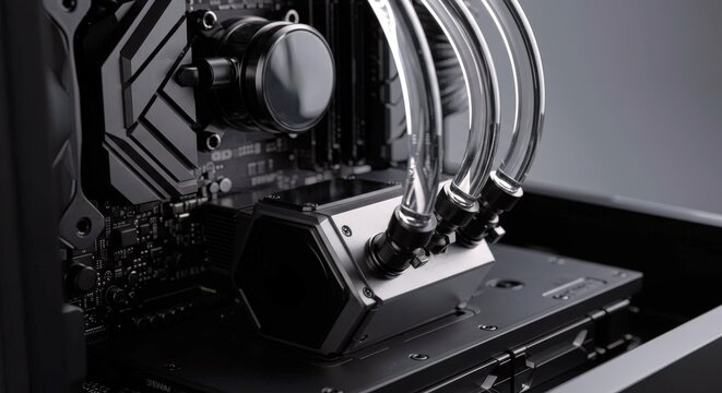 Close-up view of custom computer components being assembled with liquid cooling system