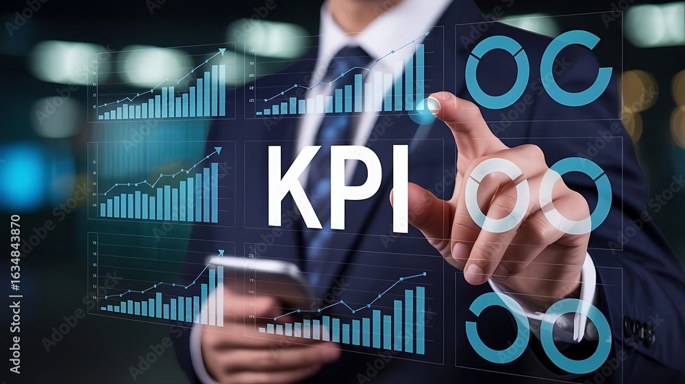 Poster hand pointing at key performance indicators on a digital interface