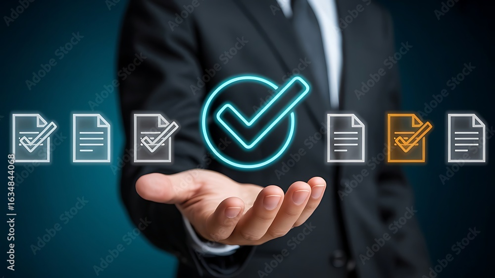 Poster hand holding a glowing checkmark over multiple document icons