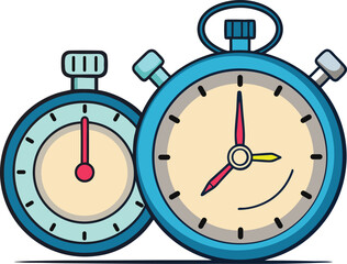 Cartoon Stopwatch and Timer Illustration – Colorful Retro Style Clock Icons with Hands for Countdown, Fitness Apps, Time Tracking, Presentation Graphics, and Educational Digital Designs