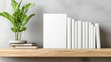 Books and plant on shelf composition still life