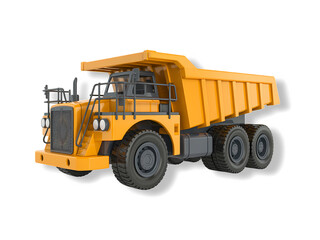 A heavy toy yellow colour dump truck isolated on transparent background. Plastic cartoon minimalistic style