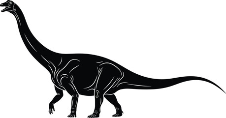 Silhouette of long-neck dinosaur in walking pose, prehistoric animal illustration, ancient wildlife concept, Jurassic era vector, black and white art