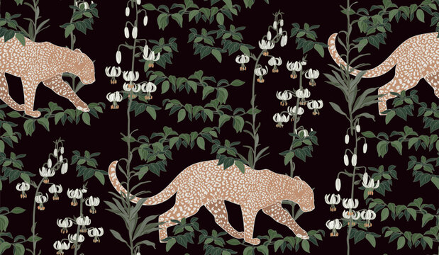 Leopard with flowers and leaves in vintage style, seamless pattern.	