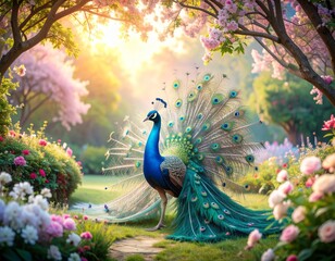 Majestic Peacock in a Blooming Garden