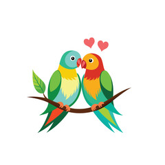 Two birds share a romantic moment, perched on a tree branch beneath a floating red heart, representing love, affection, and partnership.