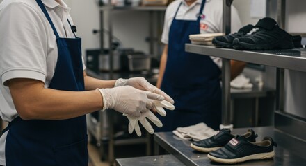 Workers prepare food in a kitchen while wearing gloves and uniforms during a busy shift