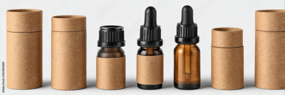 Poster various sizes of brown biodegradable packaging for herbal extracts and essential oils displayed on a