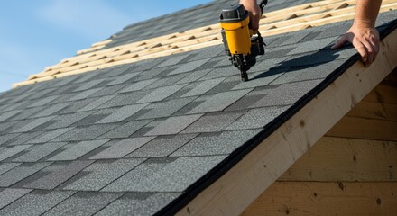 Skilled worker installs asphalt shingles on a sloped roof under clear blue sky