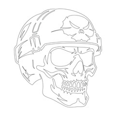 Skull Wearing Military Helmet Line Drawing