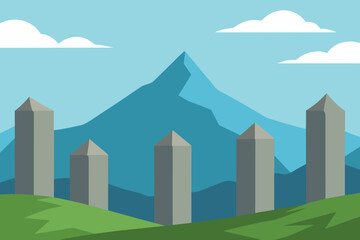 Flat design landscape with mountains clouds and standing stones