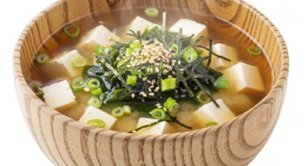 Miso soup with tofu, seaweed, and scallions isolated on transparent background