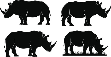 Silhouette of rhinoceros set, wild animal black vector illustration, safari wildlife drawing, endangered species clipart, isolated graphic design
