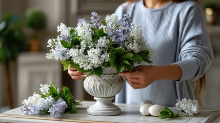 A florist skillfully designs a vibrant bouquet using fresh blooms and ribbons in a warm and inviting setting filled with natural light