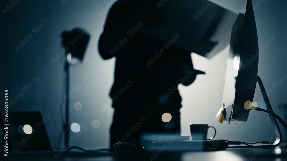 Poster designer man using virtual reality headset and computer for future creative technology work and inno