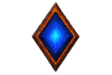 Abstract Diamond Shape with Fiery Edges and Glowing Blue Core, Representing Power and Mysticism