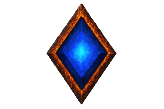 Abstract Diamond Shape with Fiery Edges and Glowing Blue Core, Representing Power and Mysticism