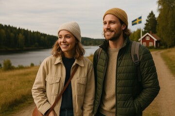 Fototapeta premium Couple exploring scenic Swedish countryside.