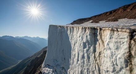 Spectacular Mountain Vista: A breathtaking view of a majestic mountain landscape, featuring an imposing glacier under a bright sun, evoking a sense of awe and adventure.