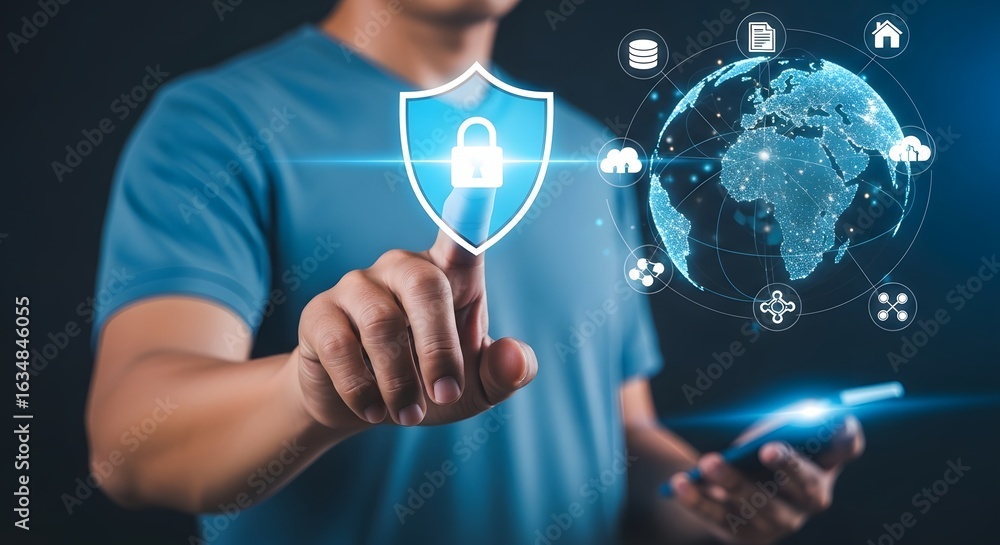 Poster cyber security concept of protecting digital data and information privacy with lock shield