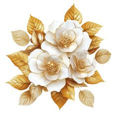 Fototapeta na wymiar A stunning 3d rendering of white flowers with gold accents and leaves.