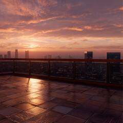 Los Angeles rooftop view with dark tile floor and wooden railing, warm sunset glow over glass skyscrapers, tranquil urban landscape, clear sky, cityscape panorama