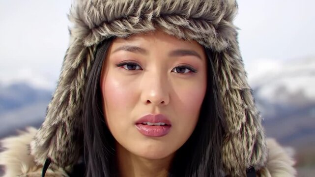 Beautiful Asian Woman in a Fur Hat in a Winter Mountain Landscape