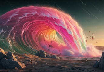 Obraz premium A colossal, colorful wave with vibrant pink, orange, and green hues crashes onto a rocky shore under a twilight sky