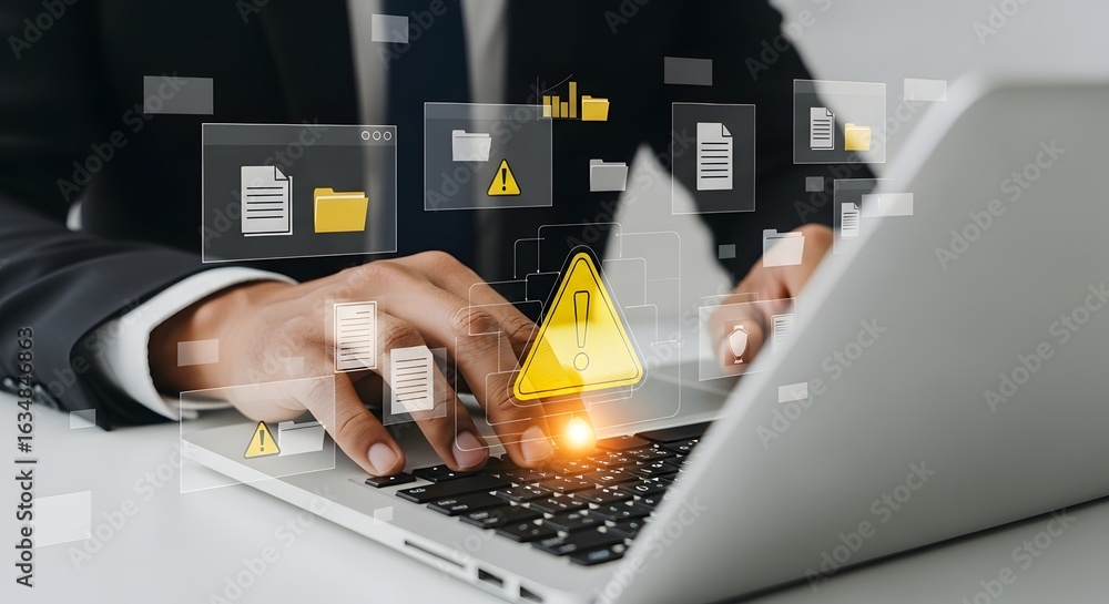 Poster data breach alert warning system on laptop computer with businessman cybersecurity threat