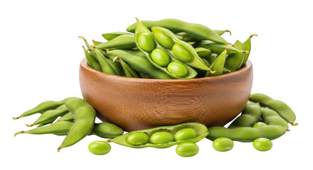 Fresh edamame soybeans in a wooden bowl, isolated on transparent background