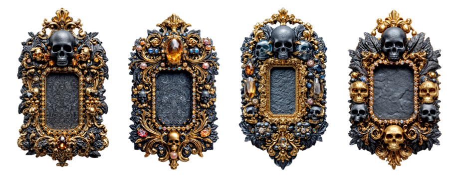 Ornate Skull Frames: Gothic and Baroque Designs with Jewel Accents on Transparent Background