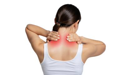 Young woman with shoulder pain holding her shoulder isolated on white background