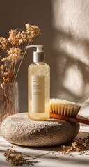 A translucent amber gel cleanser bottle with pump, sits beside a wooden body brush on a grey stone, next to dried flowers in a glass vase. Soft, natural light illuminates the scene