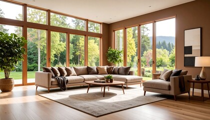 Sunlit living room with sectional sofa, coffee table, and large windows offering scenic views