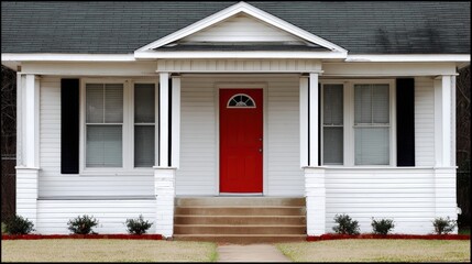 Vibrant red door on traditional white-sided house against manicured yard, ideal for property listings, home decor magazines, or suburban lifestyle visuals.