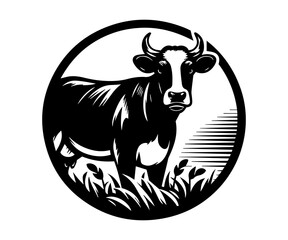 Monochrome Cow Illustration within Circle Design a Striking Emblem of Farm Fresh Goodness and Timeless Agricultural Tradition