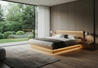 Modern bedroom with large window and wooden platform bed with ambient lighting