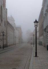 Grodzka street on foggy morning, Krakow old town, Poland