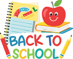 Back to School Cartoon Illustration with Books, Apple and Stationery
